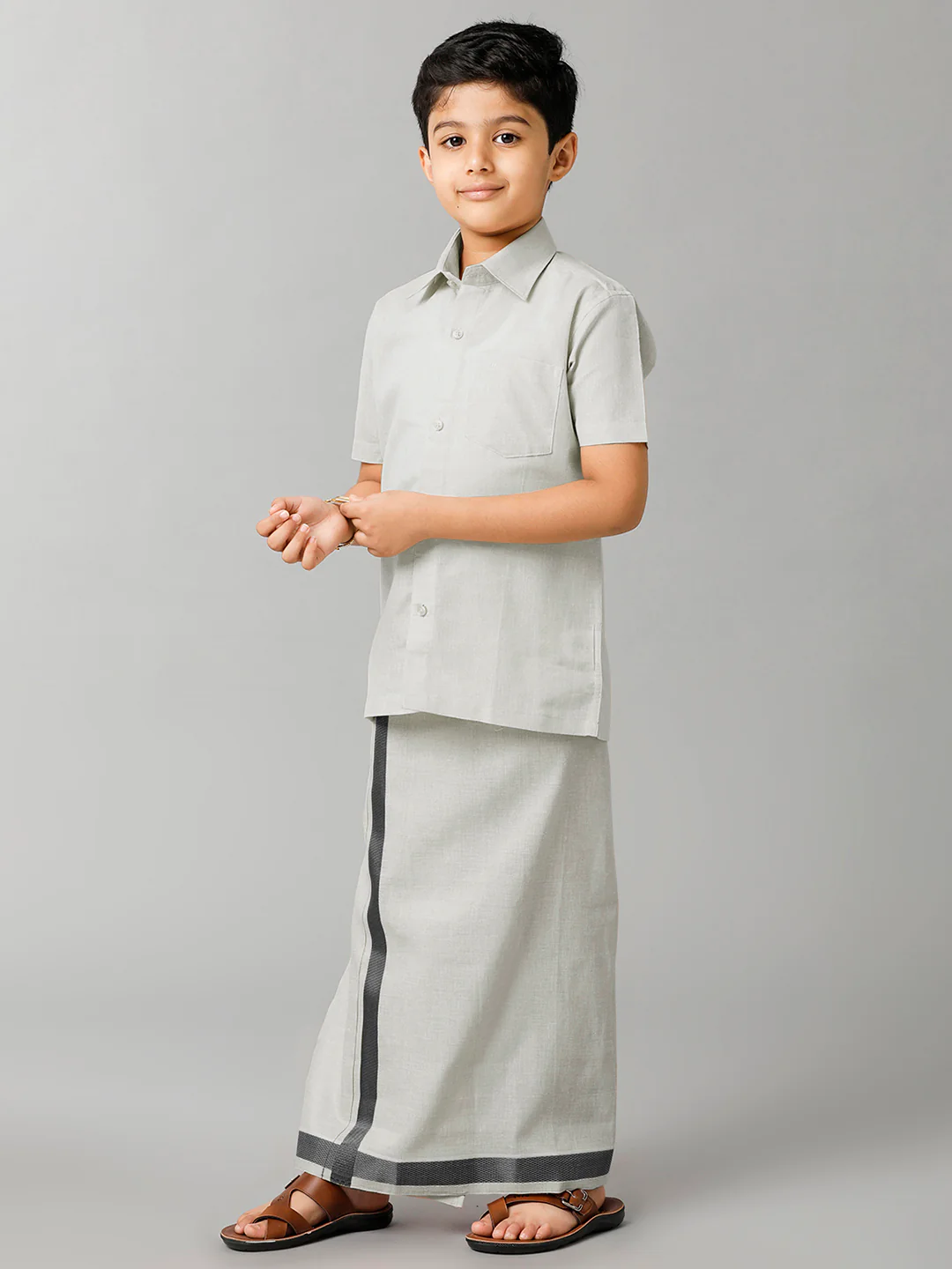 Boys Tissue Jari Half Sleeve Shirt Dhoti Set Sankalpam Steel Grey - Image 2