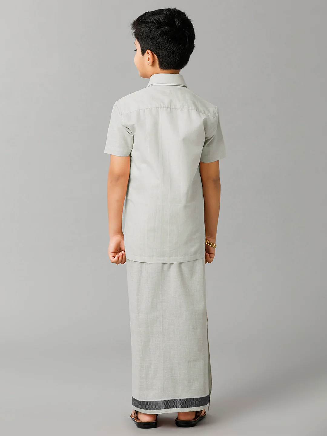 Boys Tissue Jari Half Sleeve Shirt Dhoti Set Sankalpam Steel Grey - Image 5