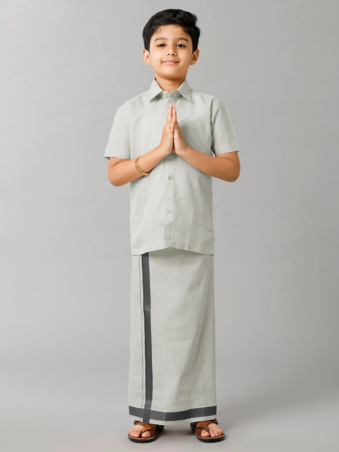 Boys Tissue Jari Half Sleeve Shirt Dhoti Set Sankalpam Steel Grey - Image 6