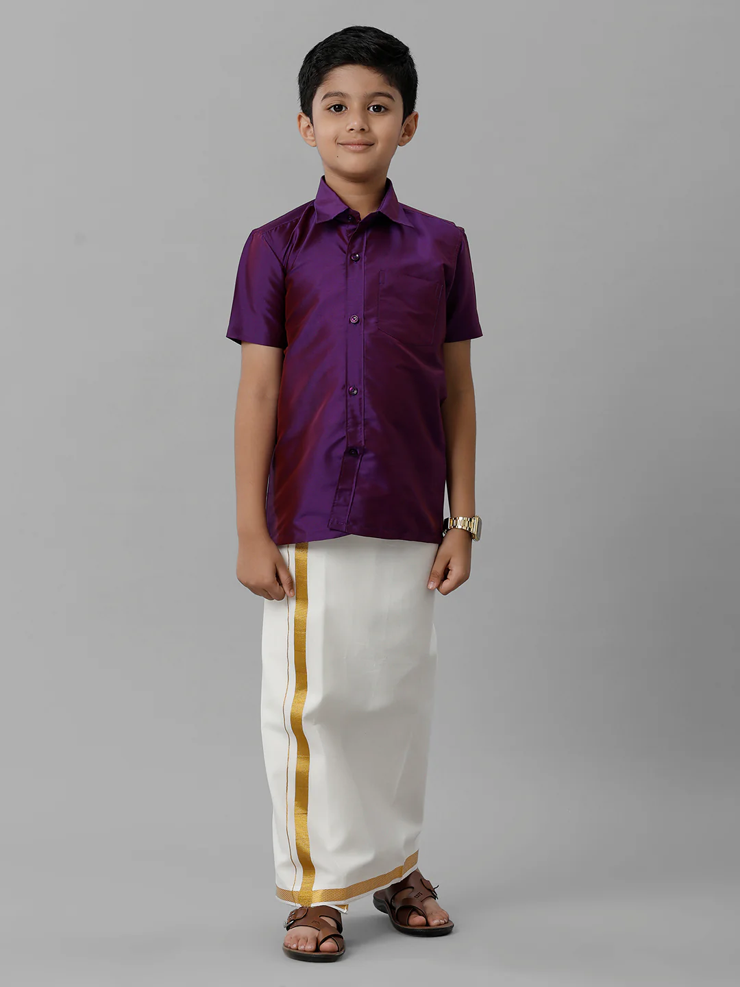 Boys Violet Half Sleeves Shirt with Cream Dhoti Combo K21