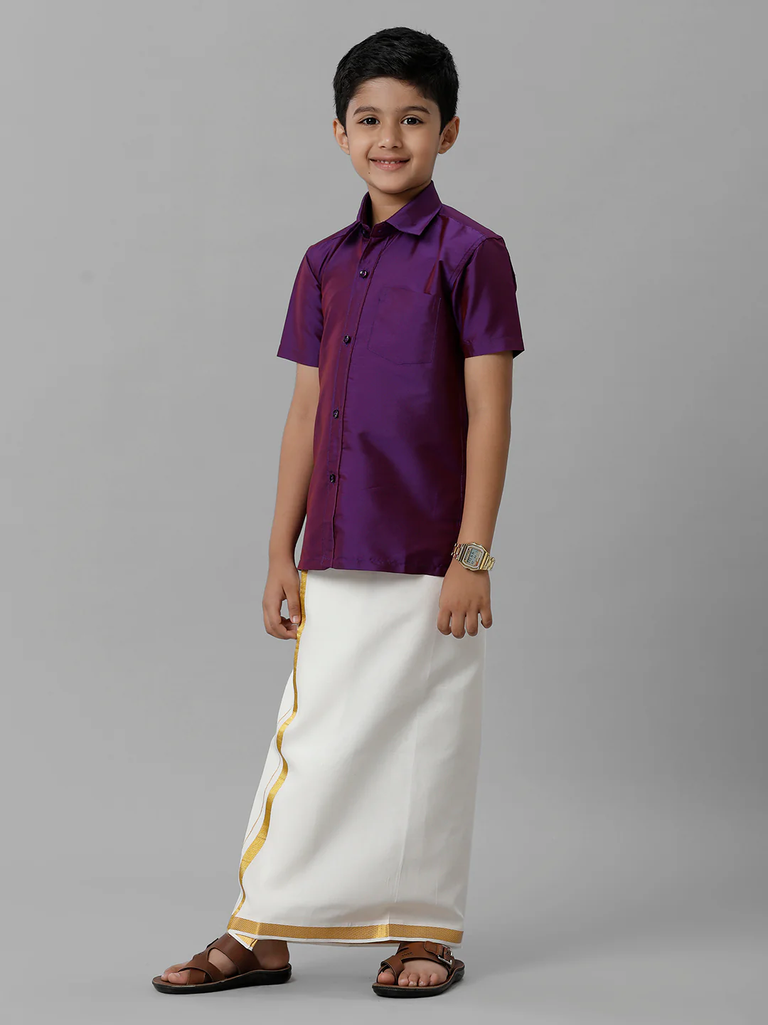 Boys Violet Half Sleeves Shirt with Cream Dhoti Combo K21 - Image 2