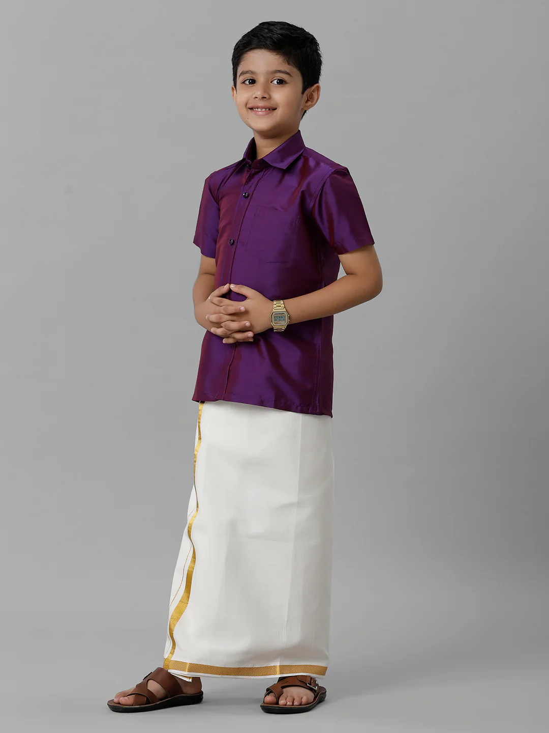Boys Violet Half Sleeves Shirt with Cream Dhoti Combo K21 - Image 3