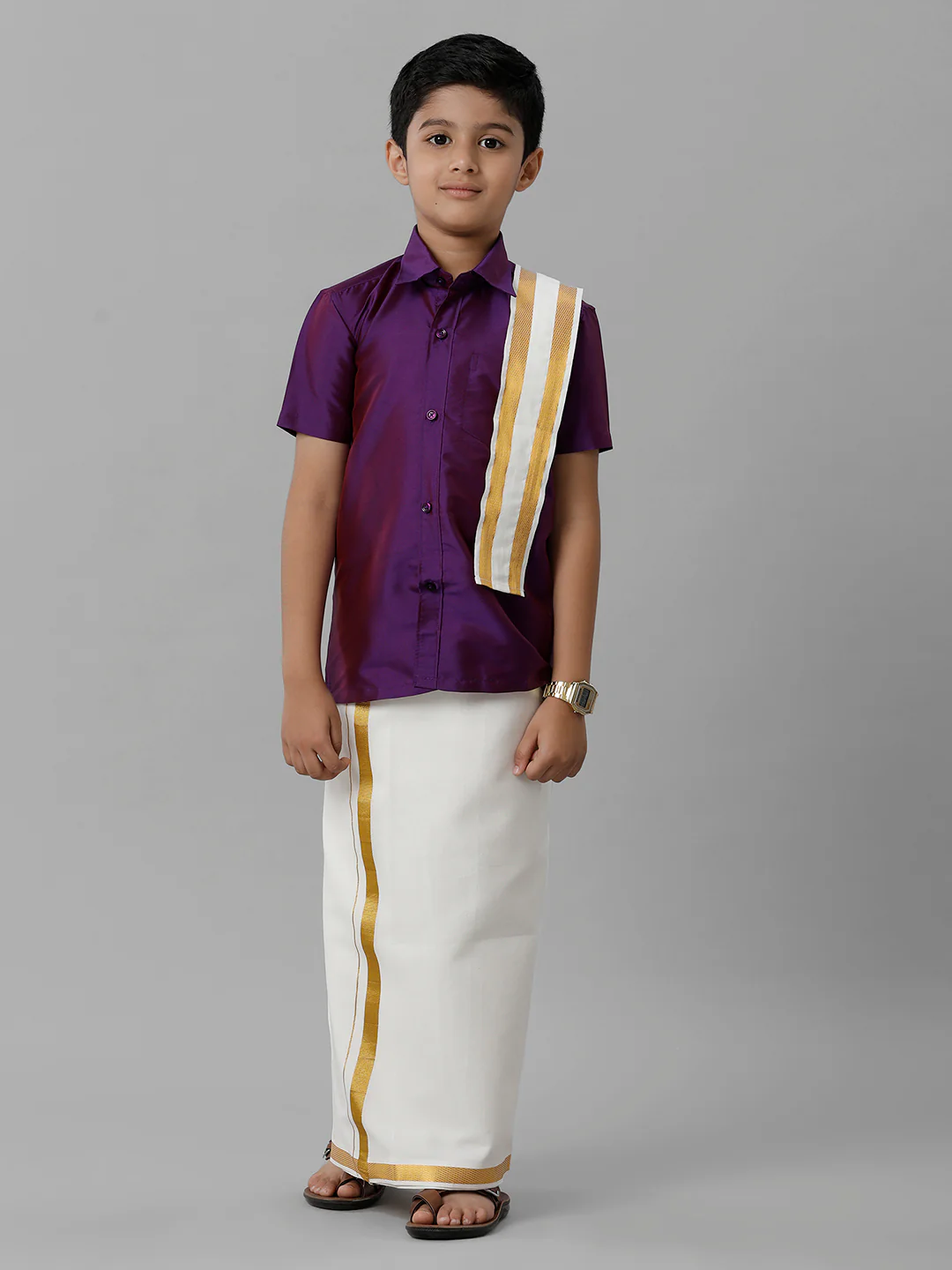 Boys Violet Half Sleeves Shirt with Cream Dhoti Towel Combo K21
