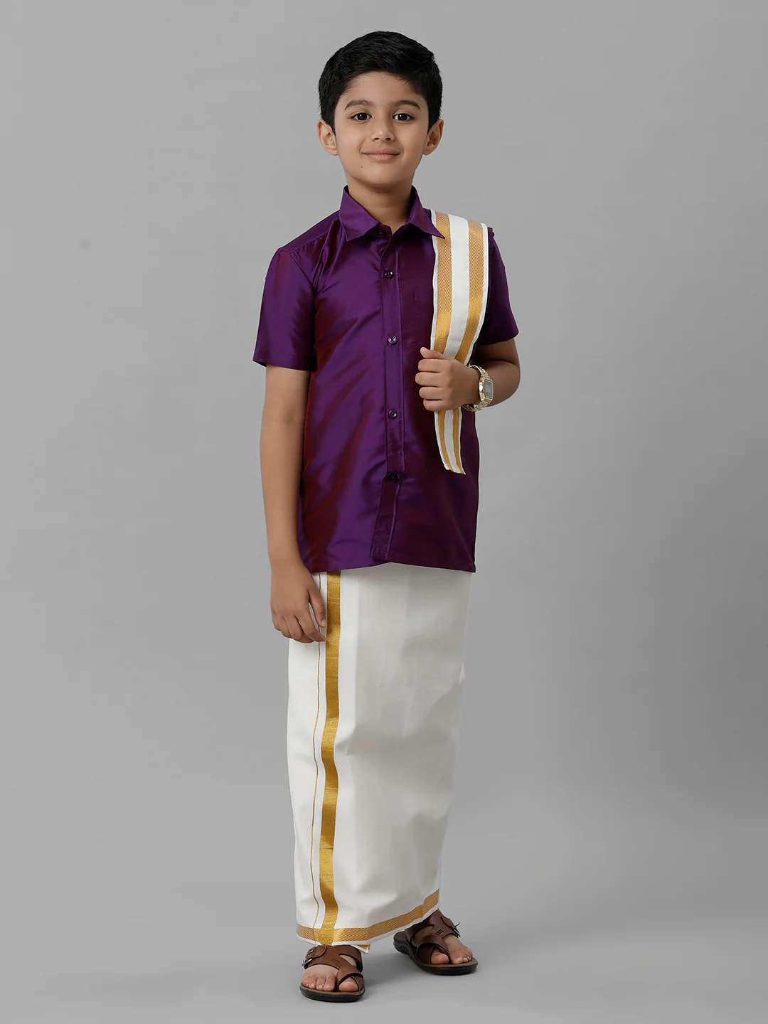 Boys Violet Half Sleeves Shirt with Cream Dhoti Towel Combo K21 - Image 2