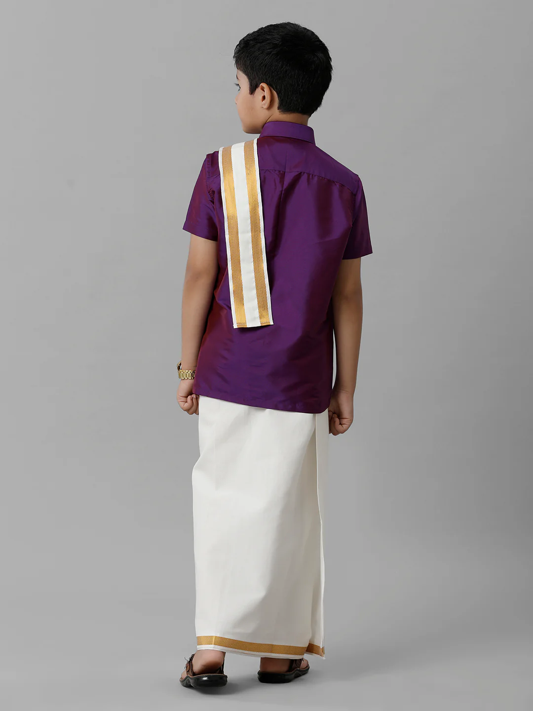 Boys Violet Half Sleeves Shirt with Cream Dhoti Towel Combo K21 - Image 3