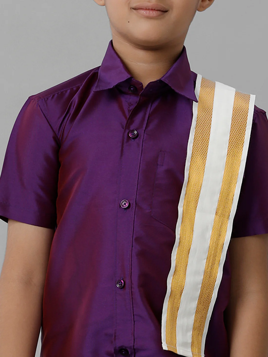 Boys Violet Half Sleeves Shirt with Cream Dhoti Towel Combo K21 - Image 4