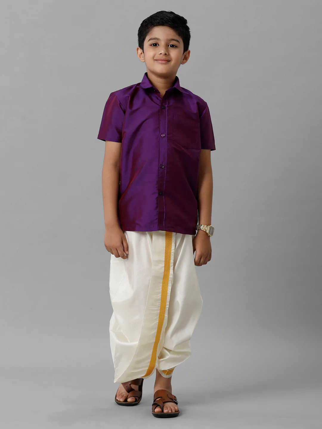 Boys Violet Half Sleeves Shirt with Cream Panchakacham Set K21