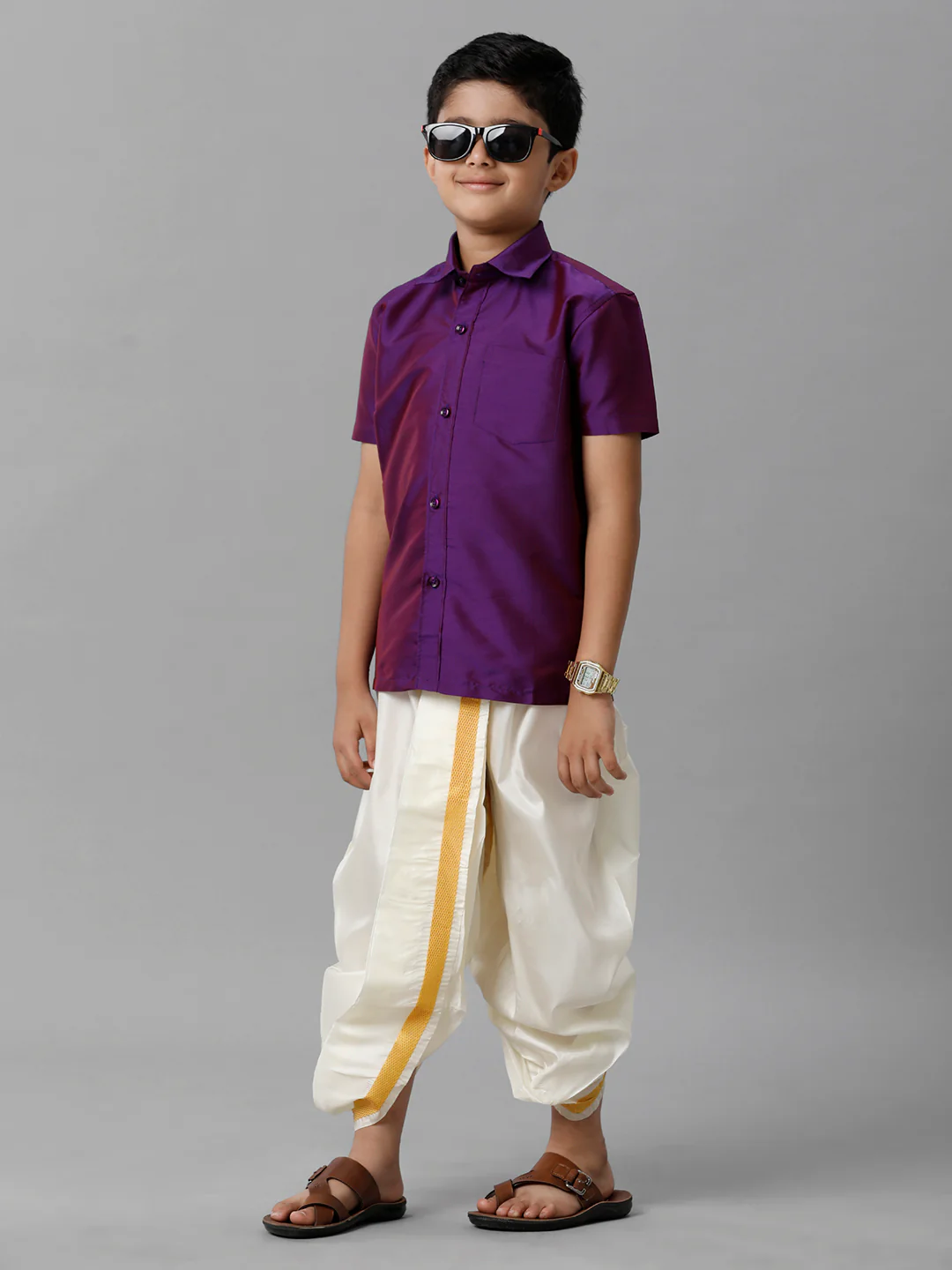 Boys Violet Half Sleeves Shirt with Cream Panchakacham Set K21 - Image 2