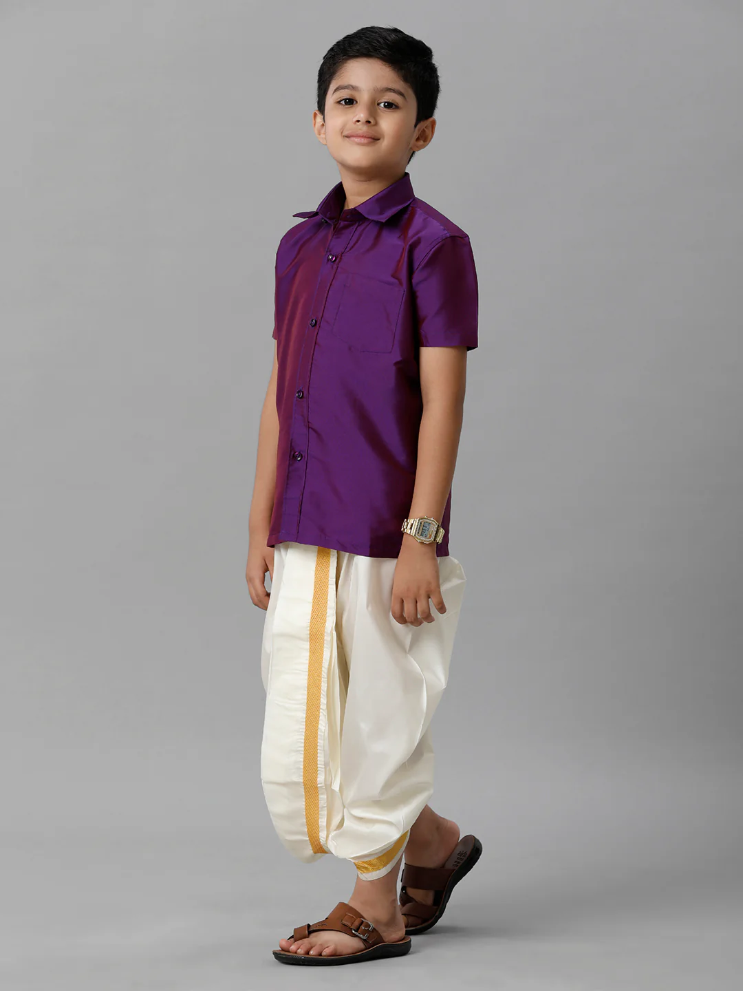 Boys Violet Half Sleeves Shirt with Cream Panchakacham Set K21 - Image 3