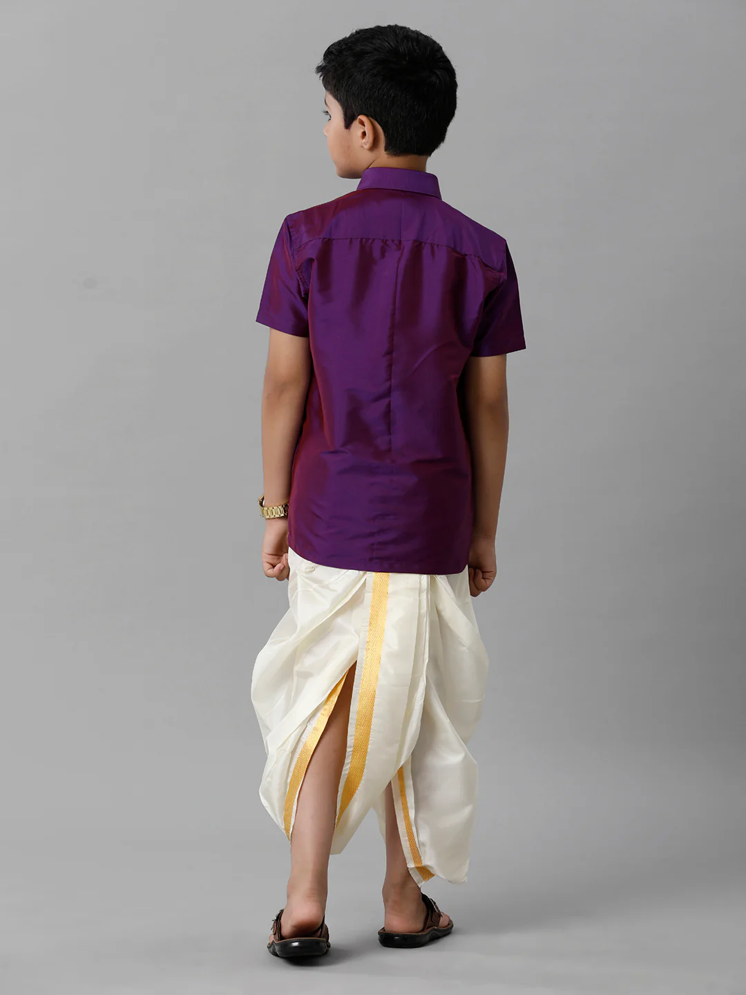 Boys Violet Half Sleeves Shirt with Cream Panchakacham Set K21 - Image 4