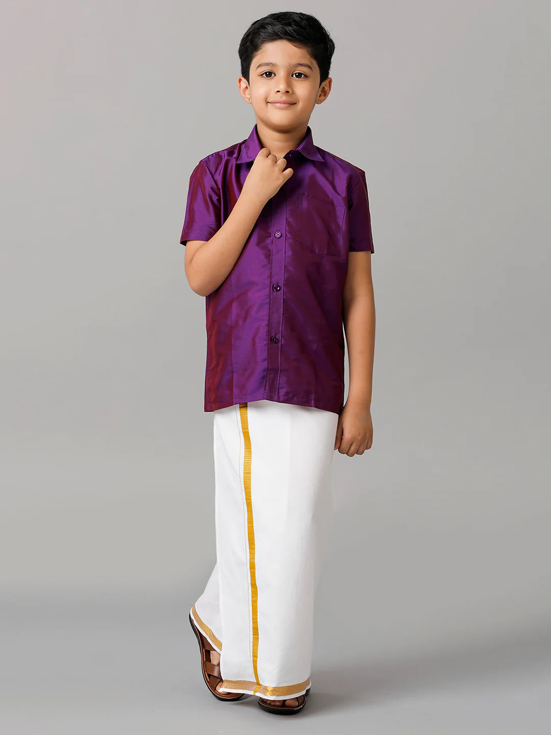 Boys Violet Half Sleeves Shirt with White Dhoti Combo K21 - Image 2