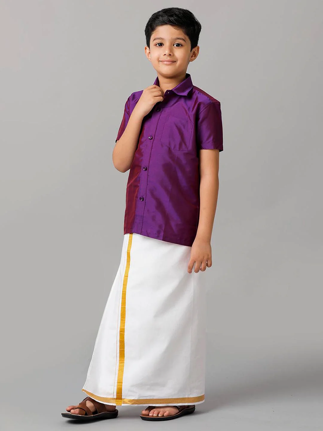 Boys Violet Half Sleeves Shirt with White Dhoti Combo K21 - Image 3