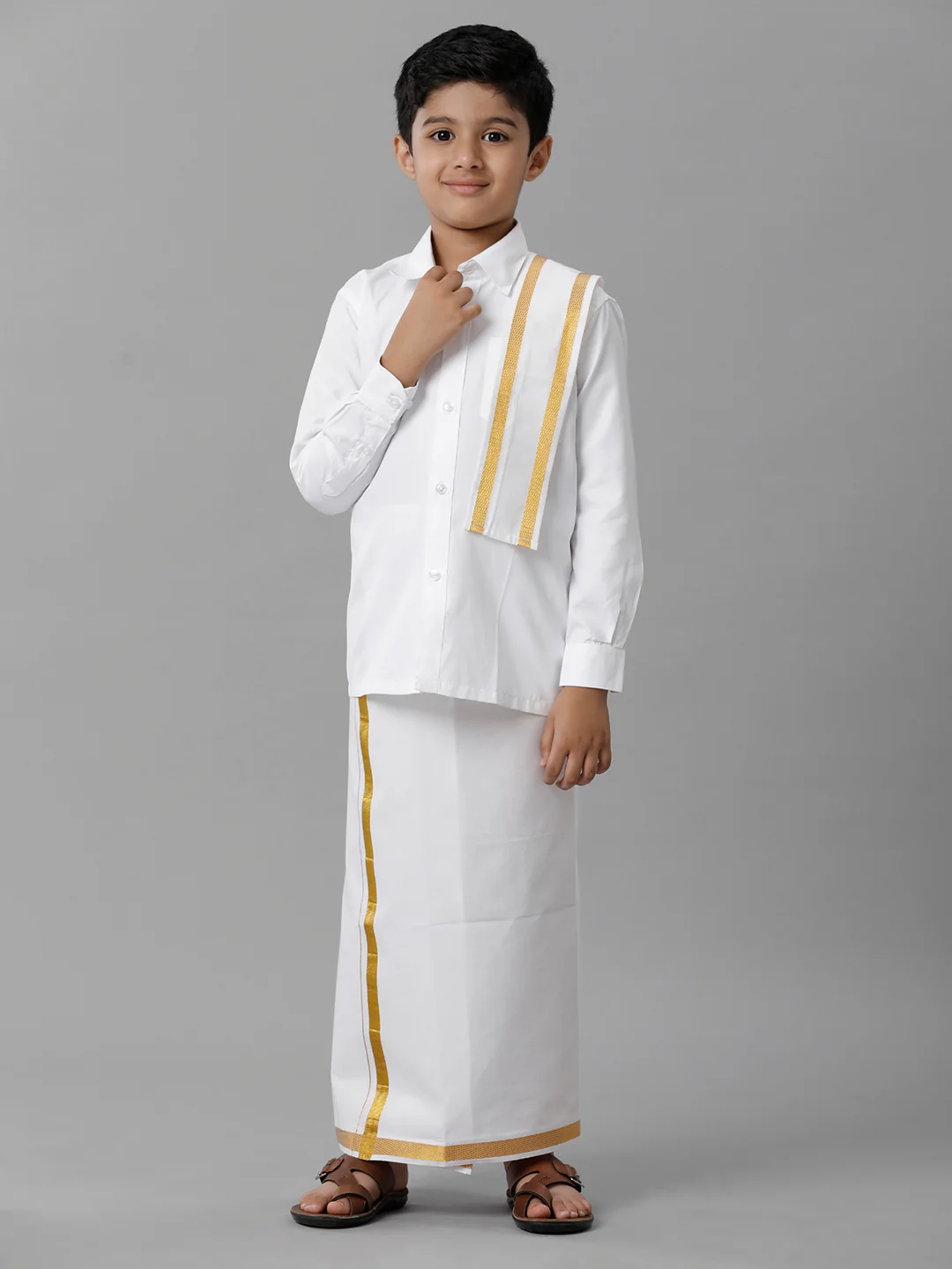Boys White Full Sleeves Shirt Dhoti with Towel Set - Image 2