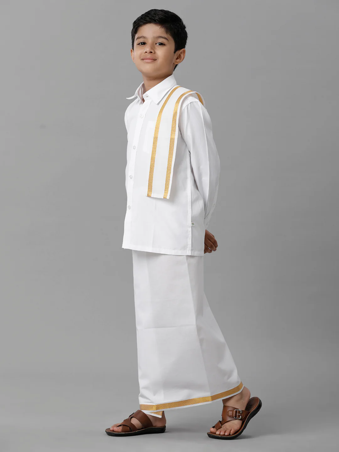 Boys White Full Sleeves Shirt Dhoti with Towel Set - Image 3