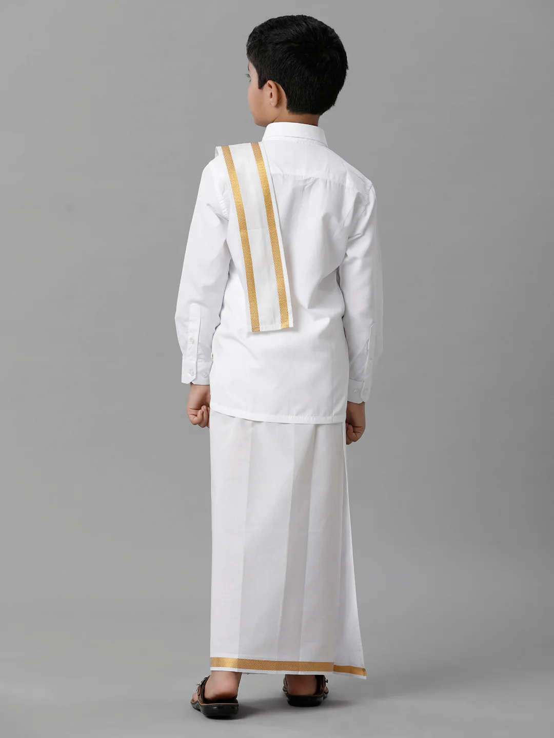 Boys White Full Sleeves Shirt Dhoti with Towel Set - Image 4