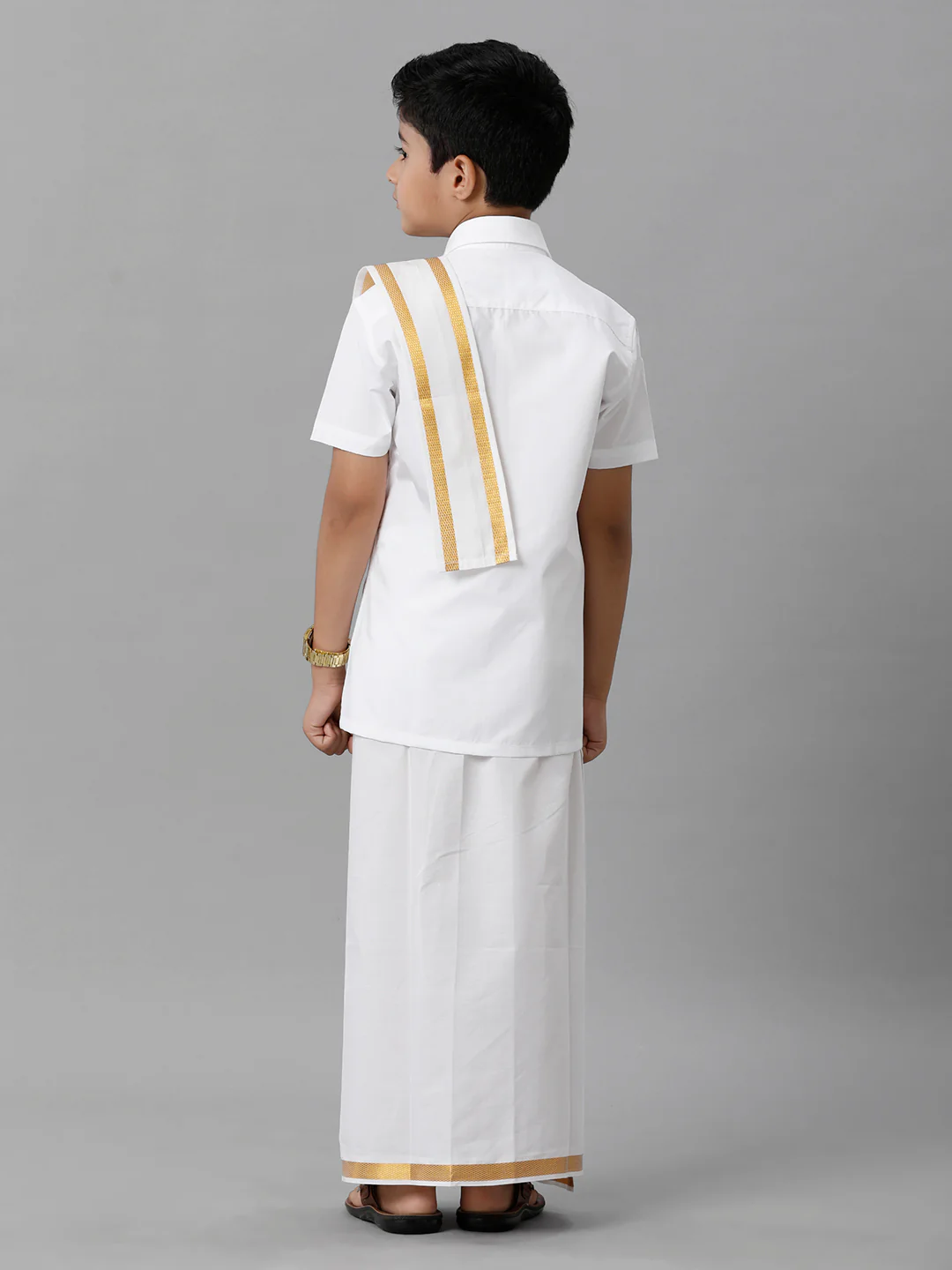 Boys White Half Sleeves Shirt Dhoti with Towel Set - Image 3