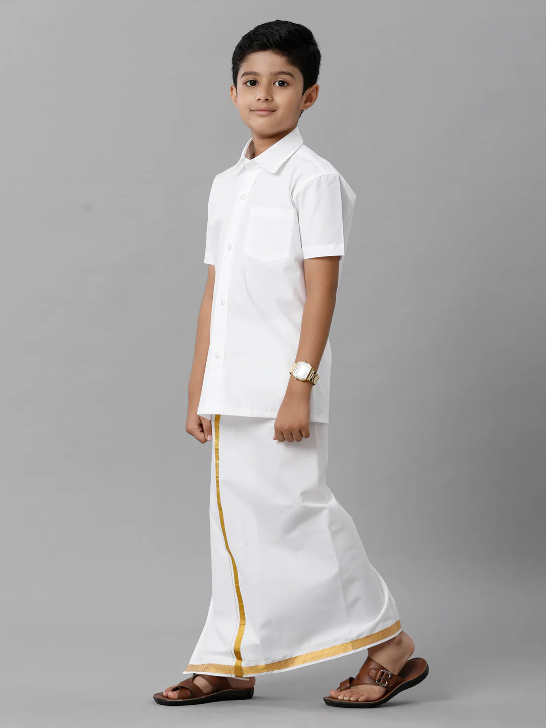 Boys White Half Sleeves Shirt With Dhoti Set - Image 3