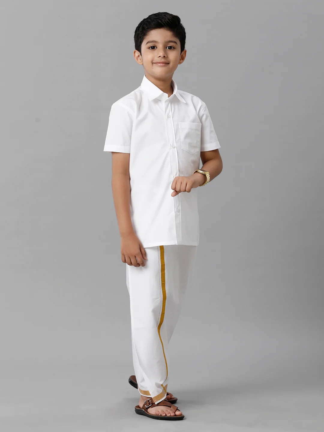 Boys White Half Sleeves Shirt With Dhoti Set - Image 4