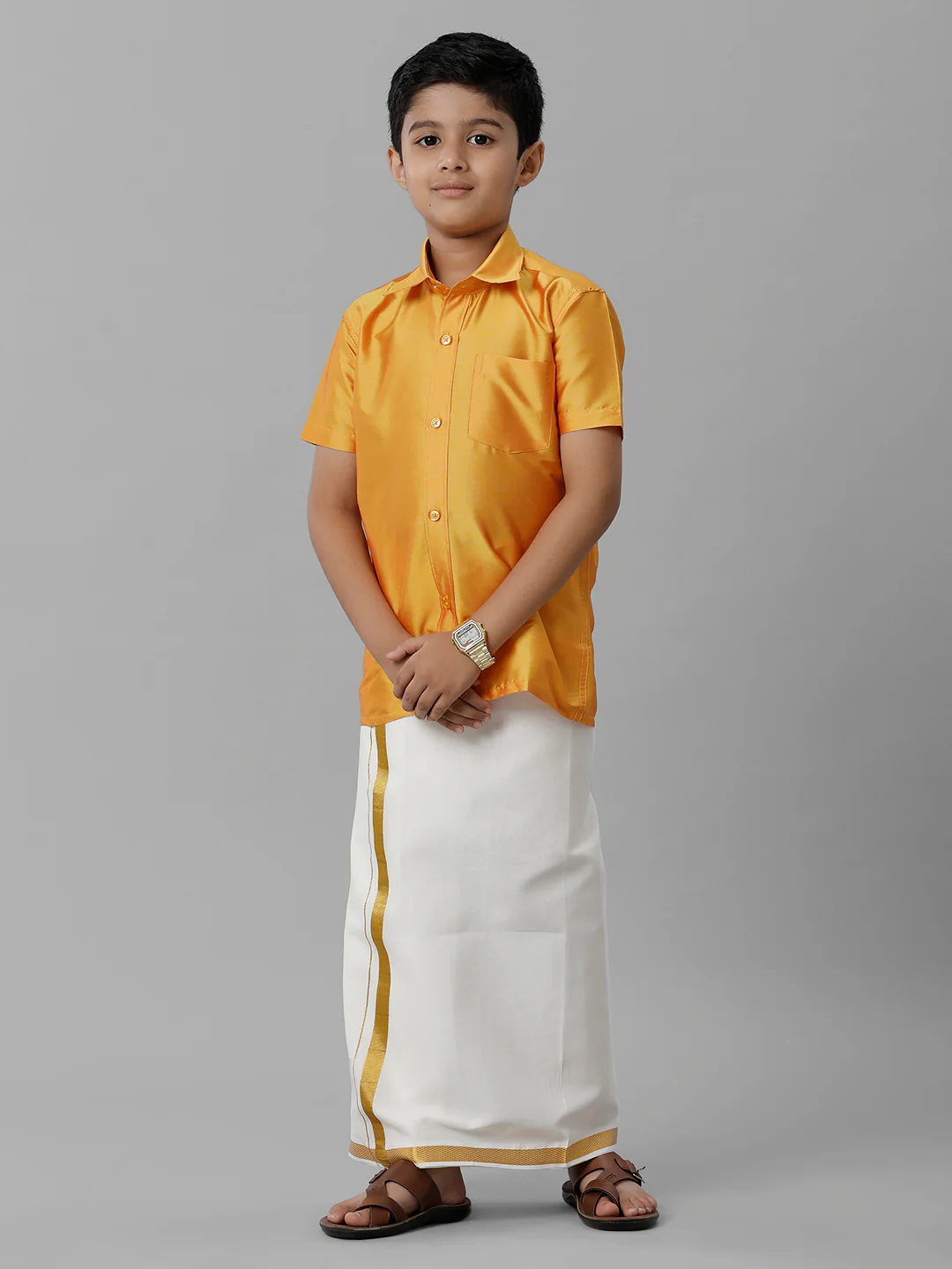 Boys Yellow Half Sleeves Shirt with Cream Dhoti Combo K6 - Image 3