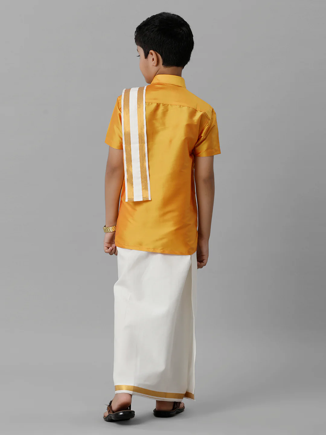 Boys Yellow Half Sleeves Shirt with Cream Dhoti Towel Combo K6 - Image 3