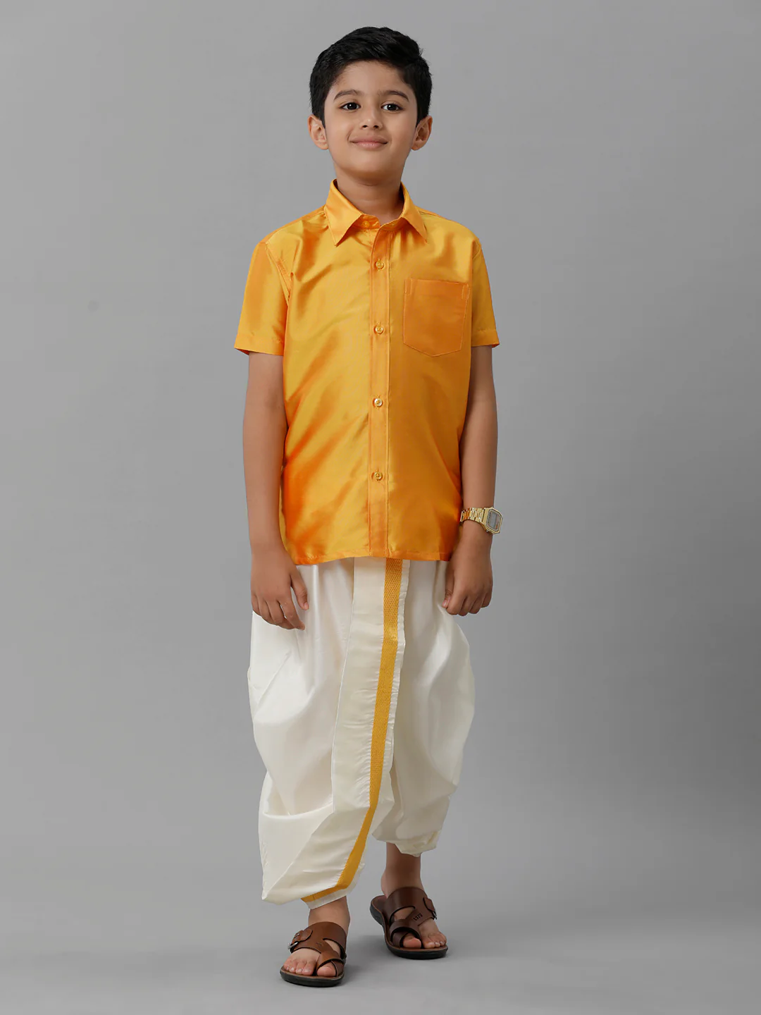 Boys Yellow Half Sleeves Shirt with Cream Panchakacham Set K6 - Image 2
