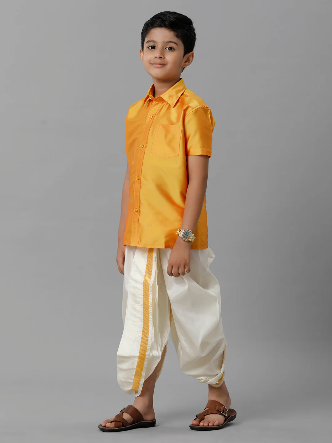 Boys Yellow Half Sleeves Shirt with Cream Panchakacham Set K6 - Image 3