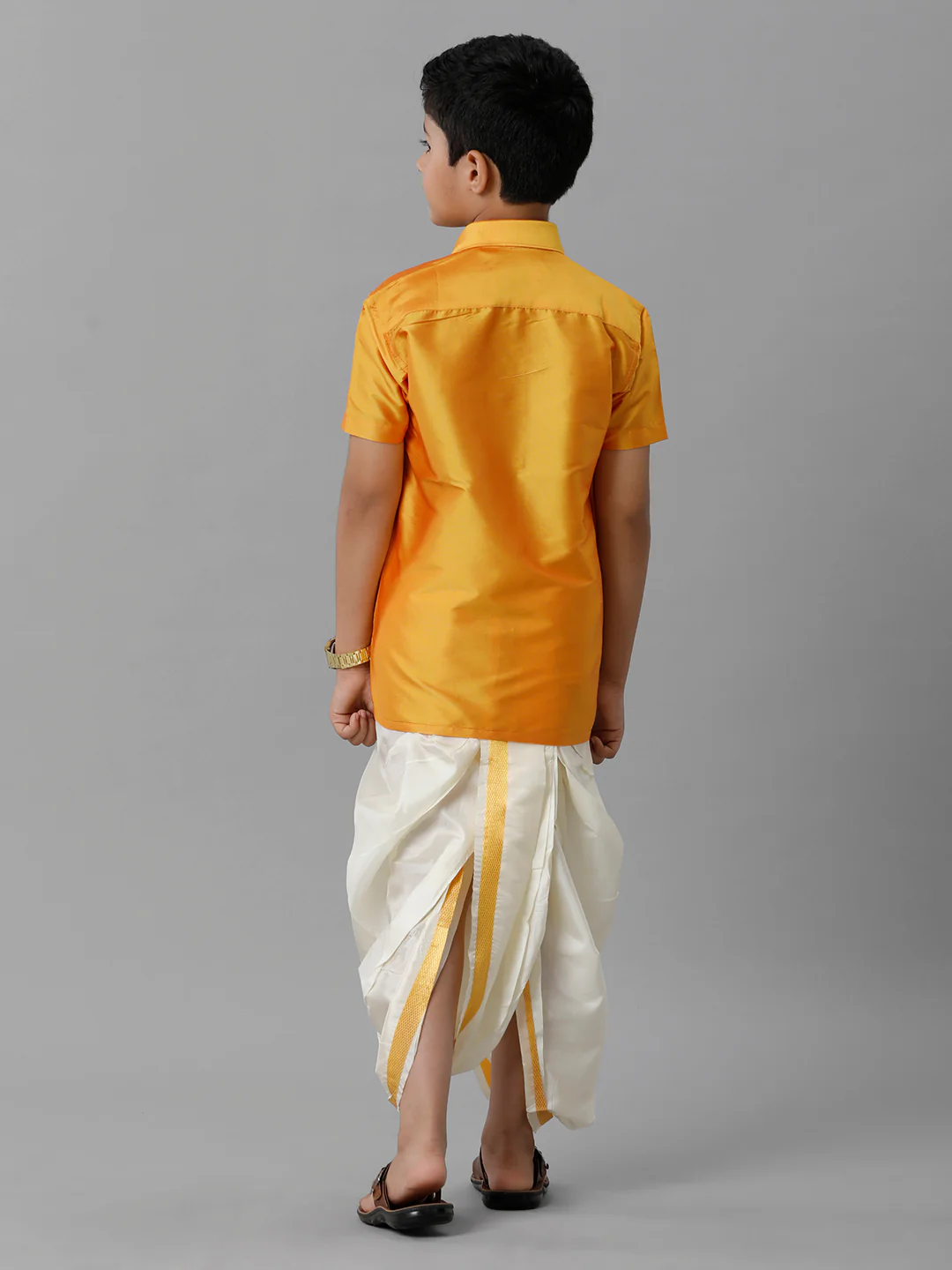 Boys Yellow Half Sleeves Shirt with Cream Panchakacham Set K6 - Image 4