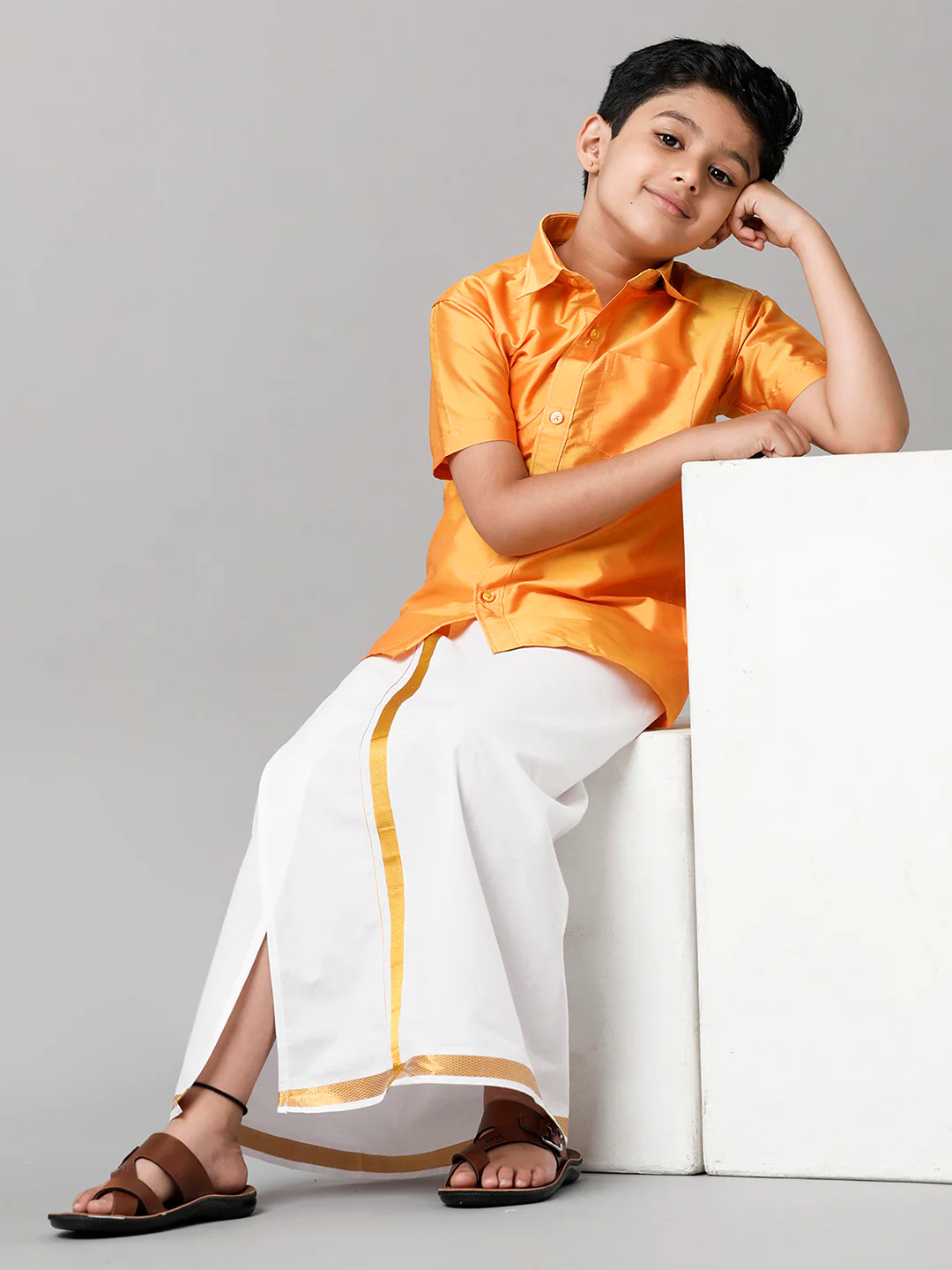 Boys Yellow Half Sleeves Shirt with White Dhoti Combo K6 - Image 6