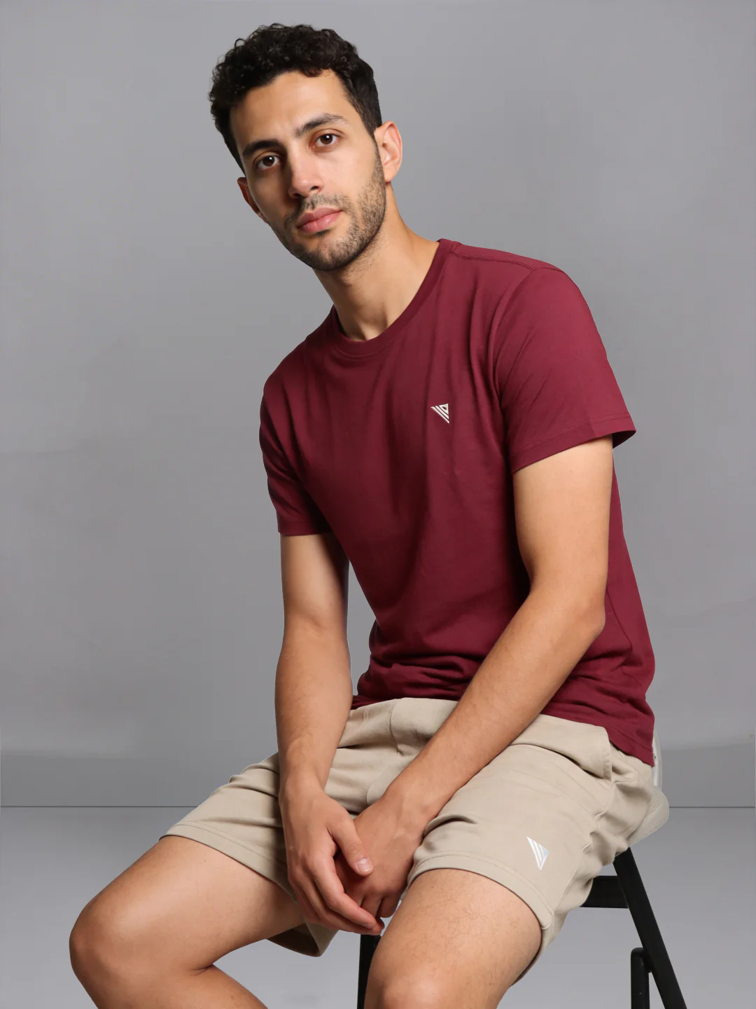 Burgandy Crew neck T-Shirt with Beige Shorts Combo ES6 - Image 2