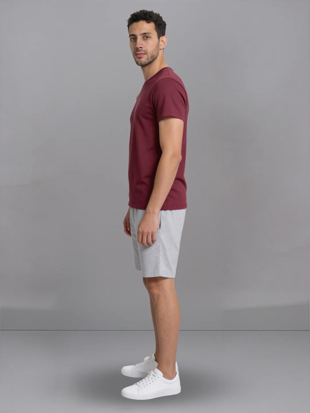 Burgandy Crew neck T-Shirt with Grey Melange Shorts Combo ES3 - Image 2