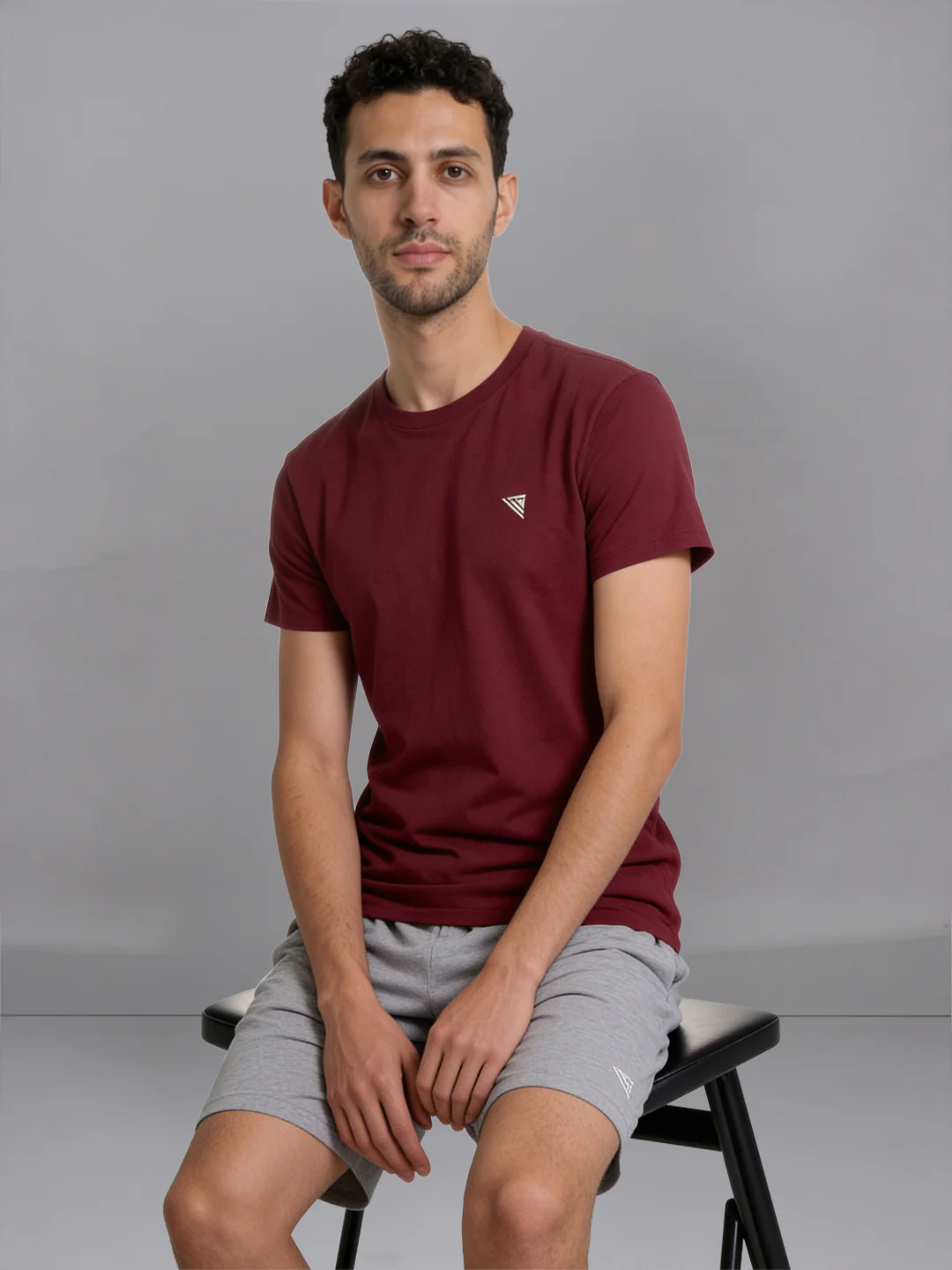 Burgandy Crew neck T-Shirt with Grey Melange Shorts Combo ES3 - Image 3