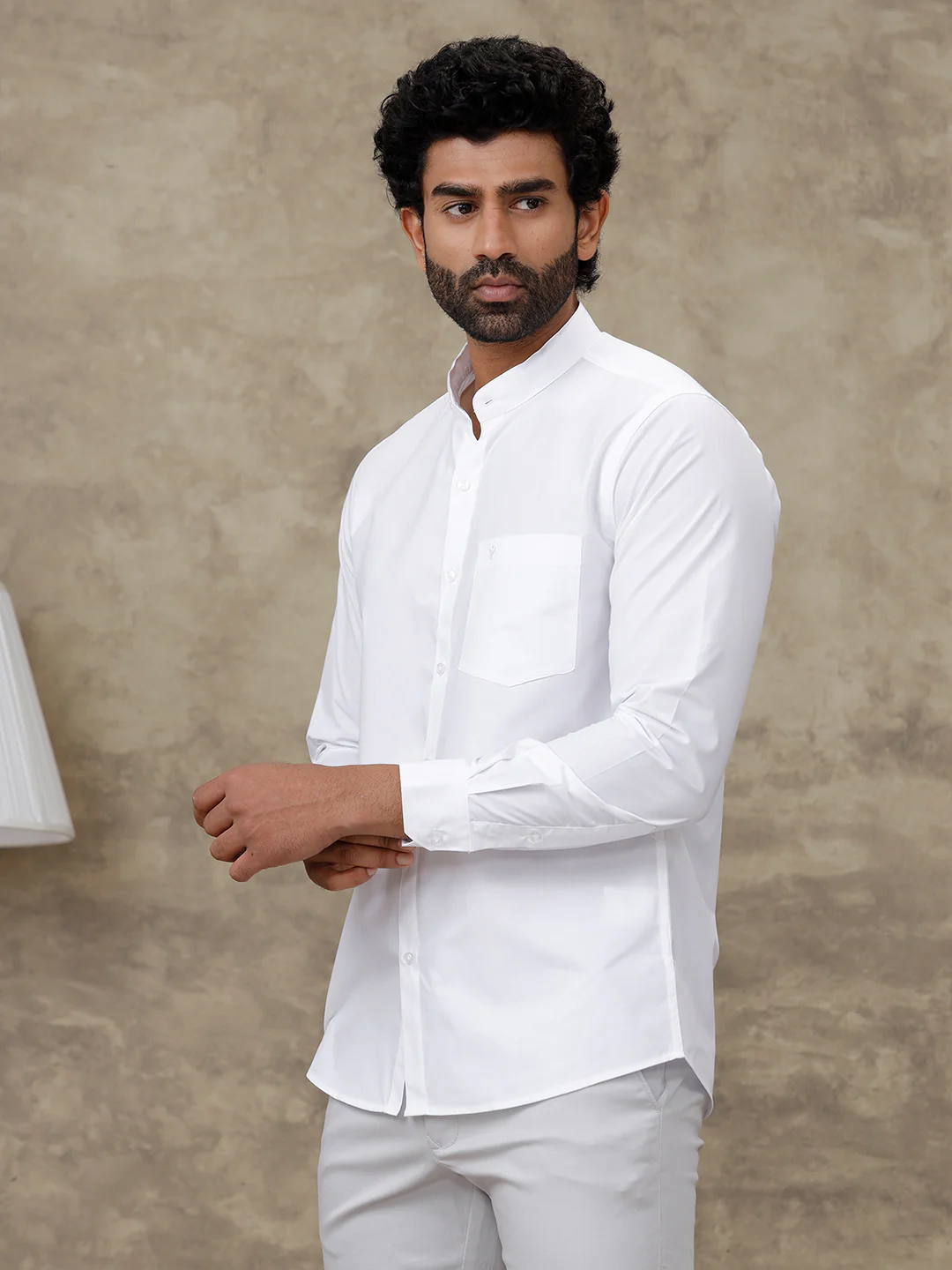 Chinese Collar Cotton White Shirt – Aura | Smart Fit - Image 2