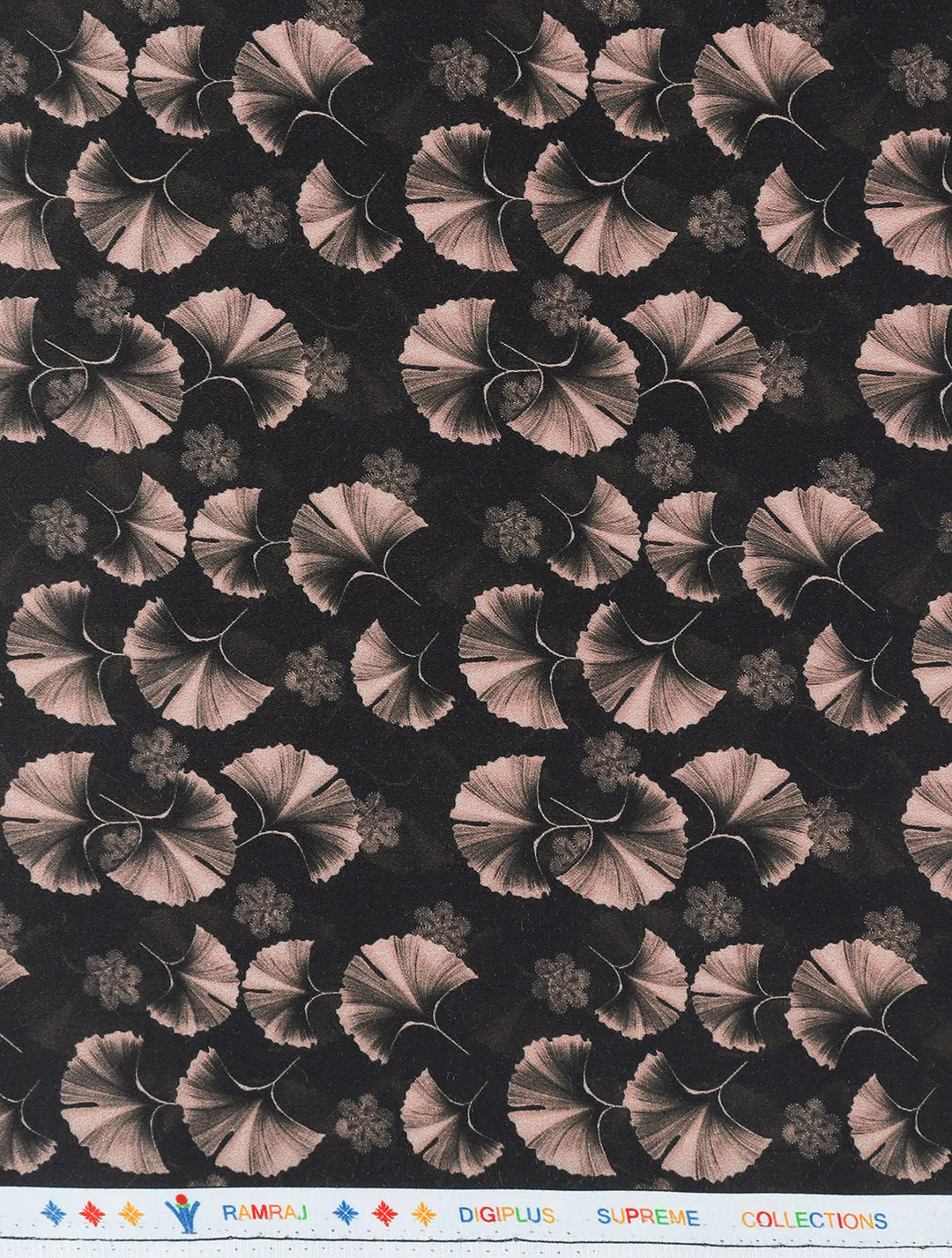 Cotton Blend Printed Shirt Fabric Black with Peach Rolex Print - Image 2