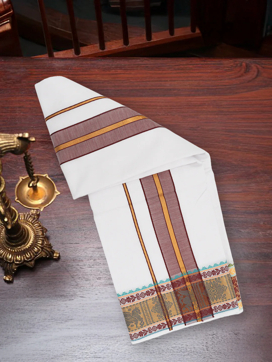 Cotton Brown Fancy Border Panchakacham with Angavasthram Vishvadeva (9+5) VD01 - Image 2