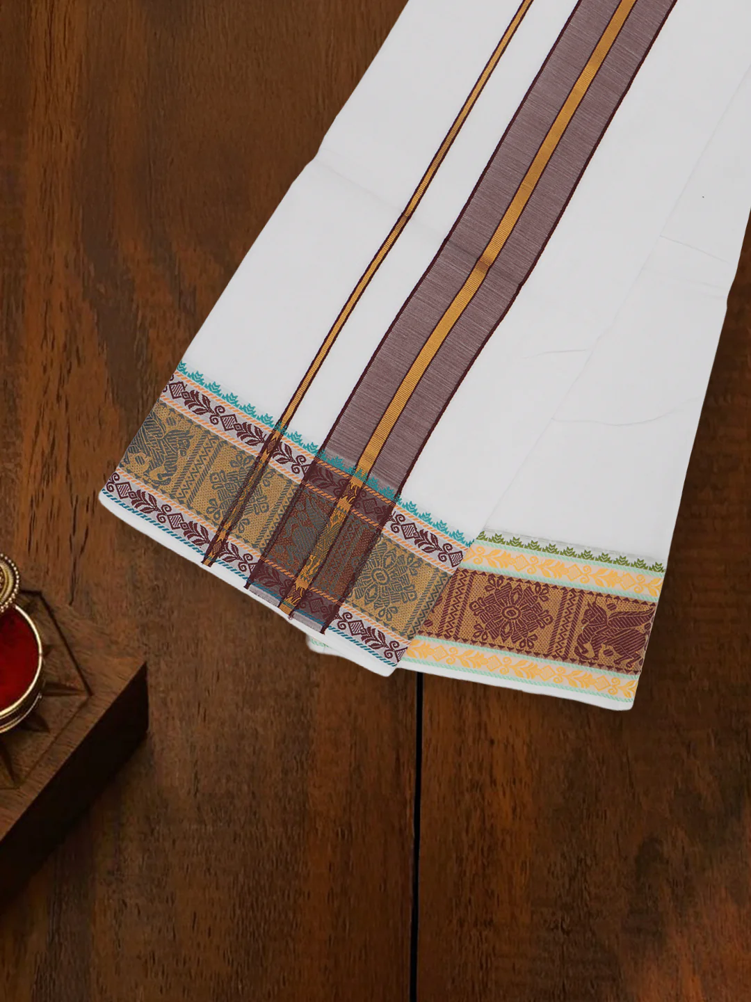 Cotton Brown Fancy Border Panchakacham with Angavasthram Vishvadeva (9+5) VD01 - Image 3