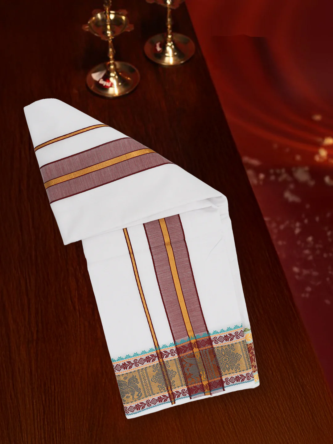 Cotton Brown Fancy Border Panchakacham with Angavasthram Vishvadeva (9+5) VD01 - Image 5