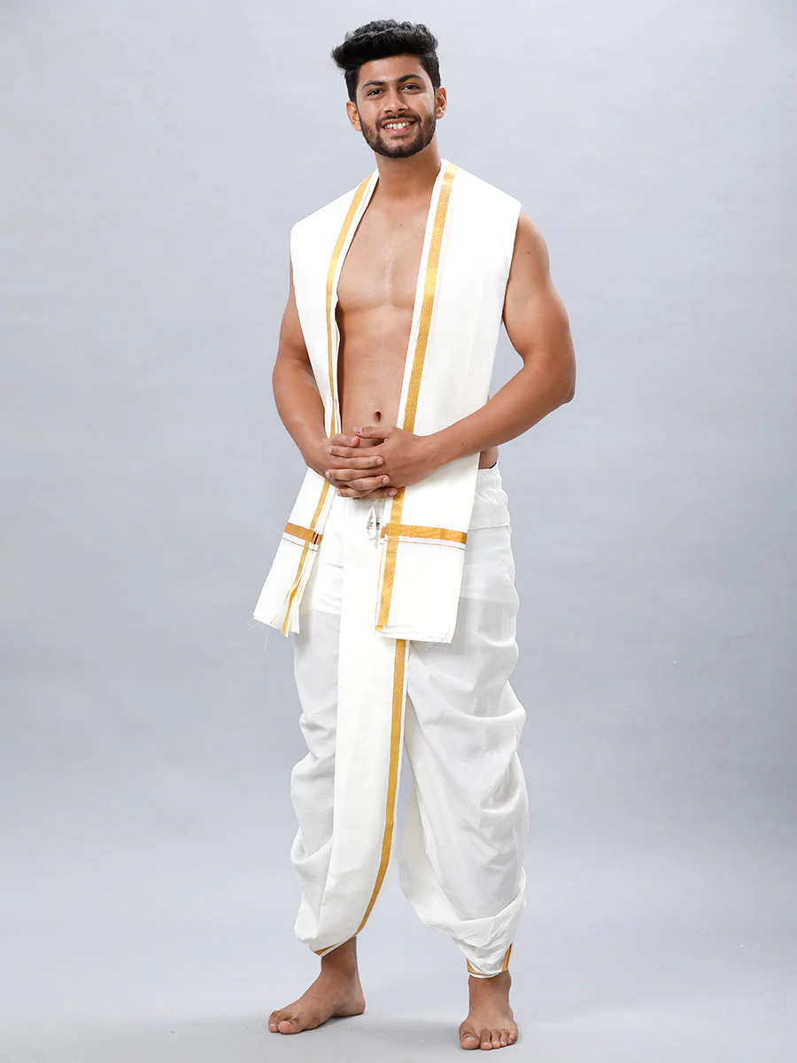 Cotton Cream Readymade Panchakacham with Gold Jari Border - Image 2