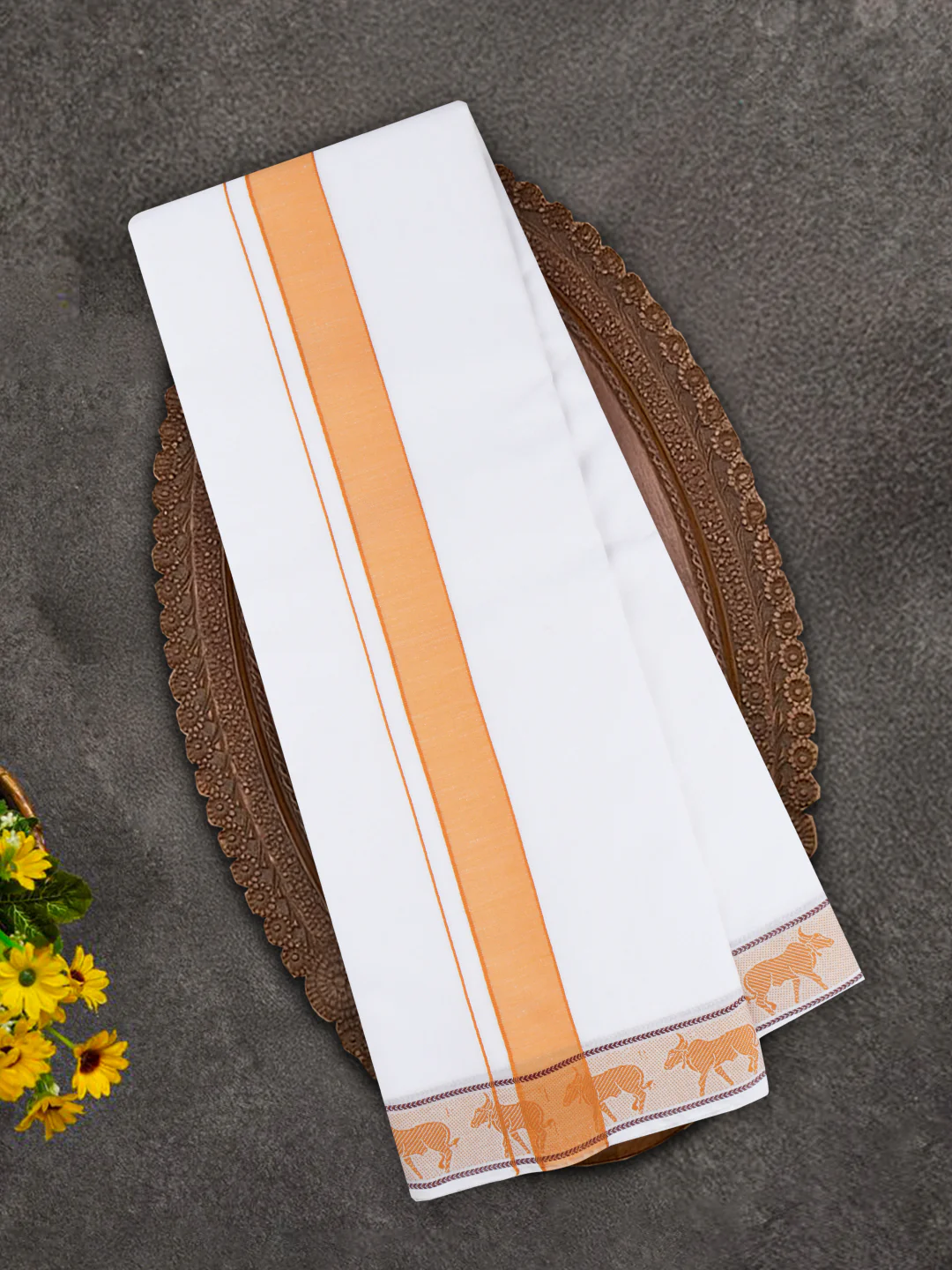 Cotton Mustard Fancy Border Panchakacham with Angavasthram Srirasthu(9+5) SR51 - Image 2