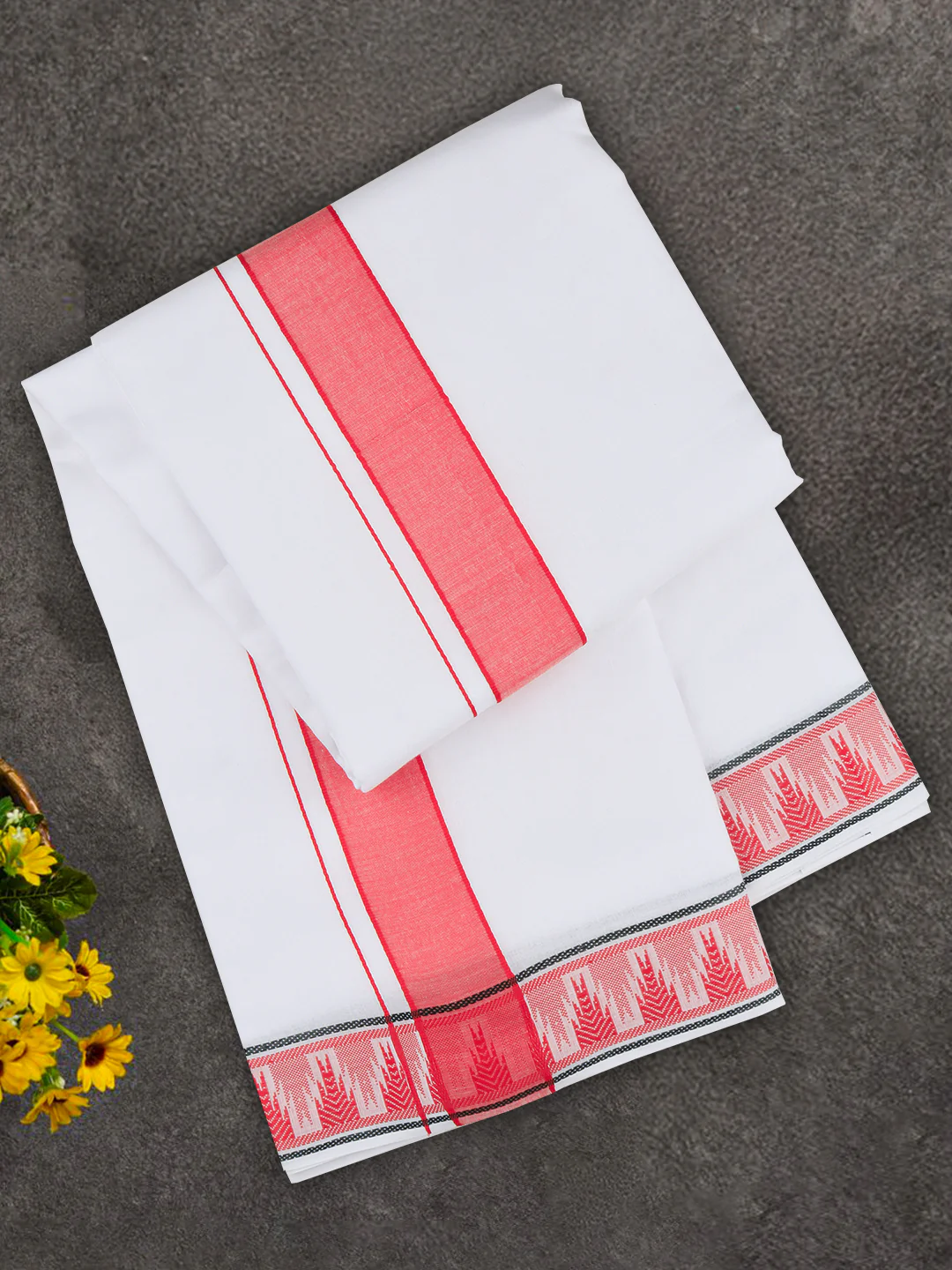 Cotton Red Fancy Border Panchakacham with Angavasthram Srirasthu(9+5) SR59