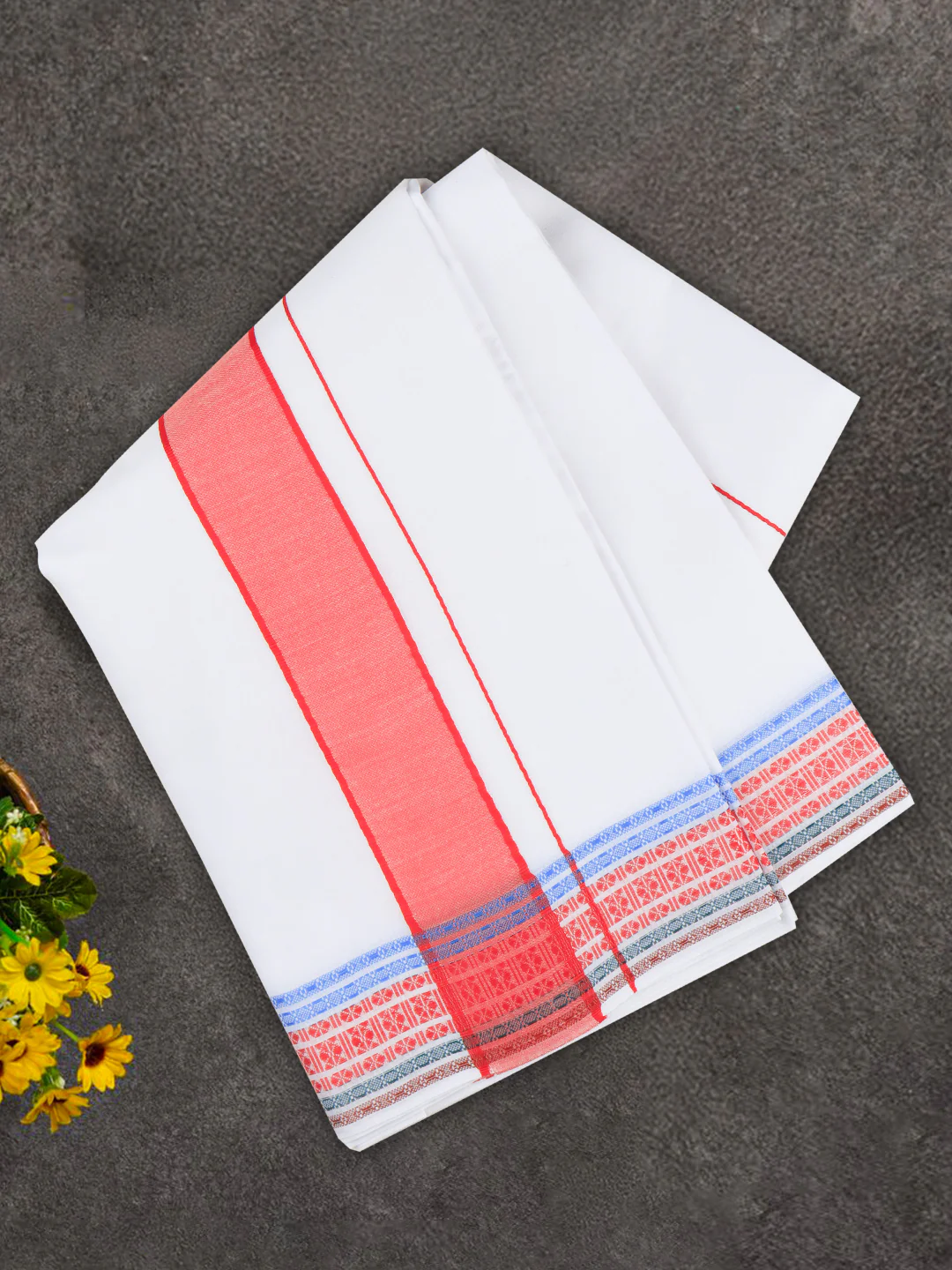Cotton Red Fancy Border Panchakacham with Angavasthram Srirasthu(9+5) SR60 - Image 4