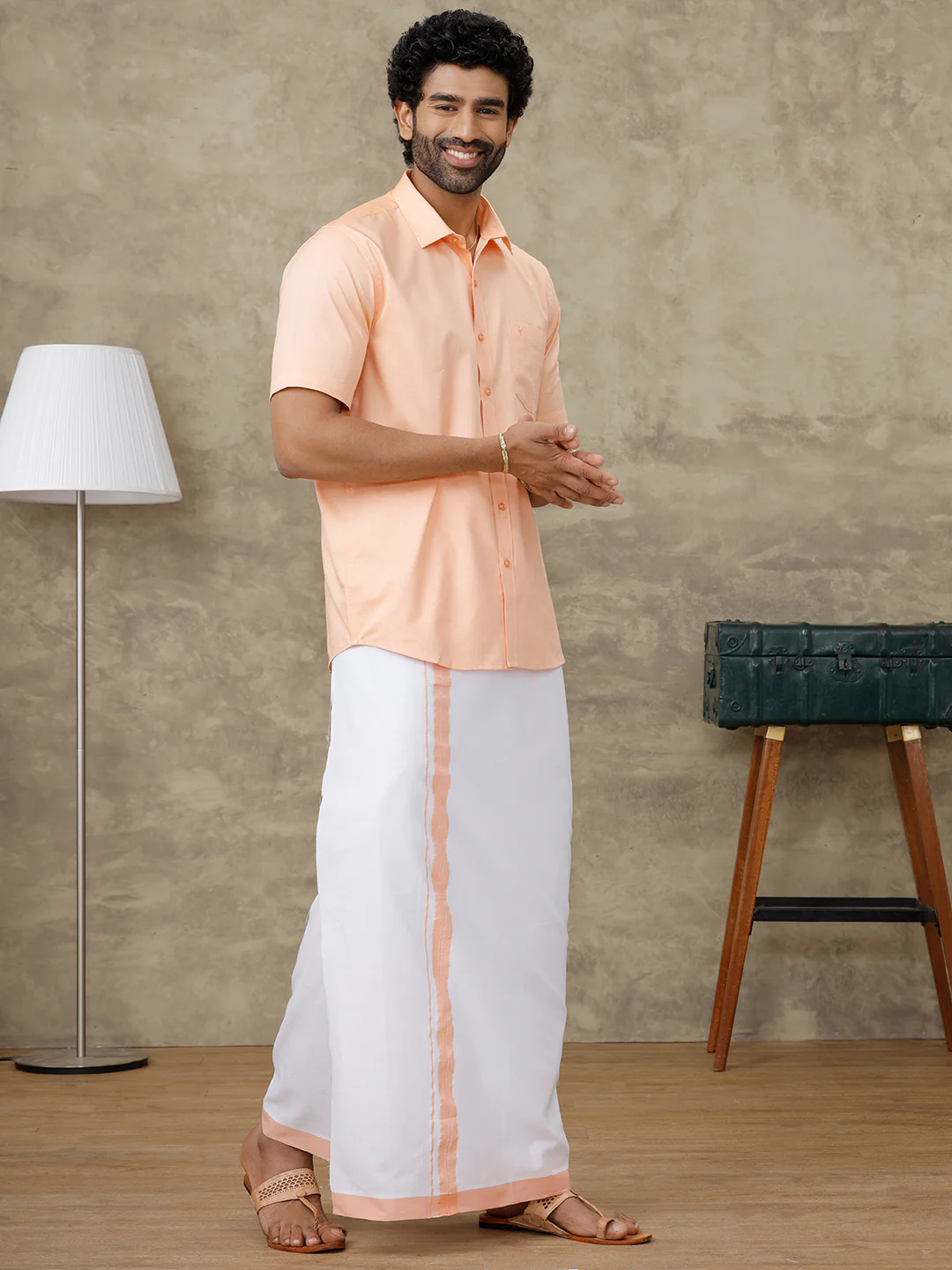 Couple Combo Shirt & Dhoti Set with Saree Peach ASS105 - Image 2
