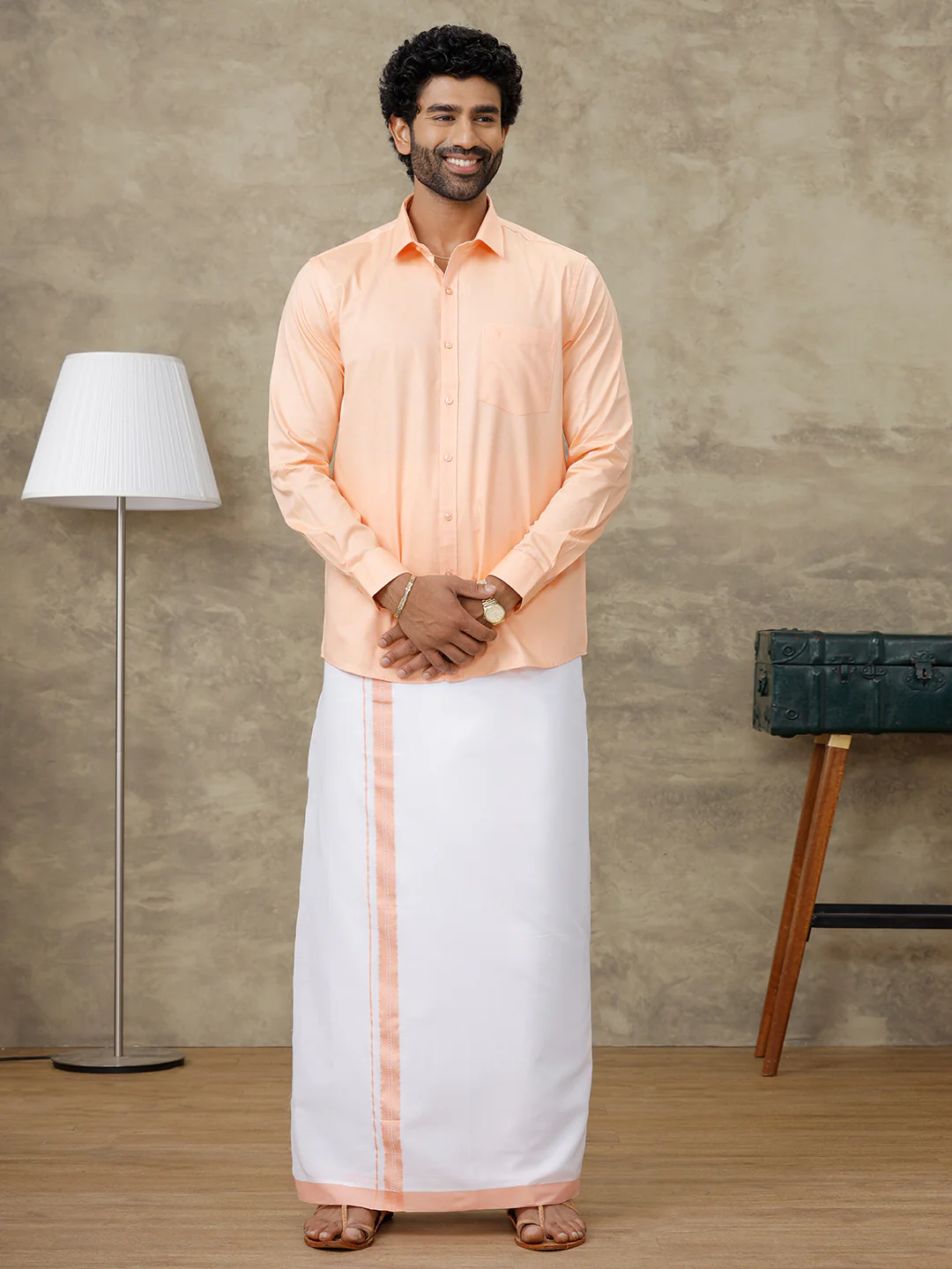 Couple Combo Shirt & Dhoti Set with Saree Peach ASS105 - Image 4