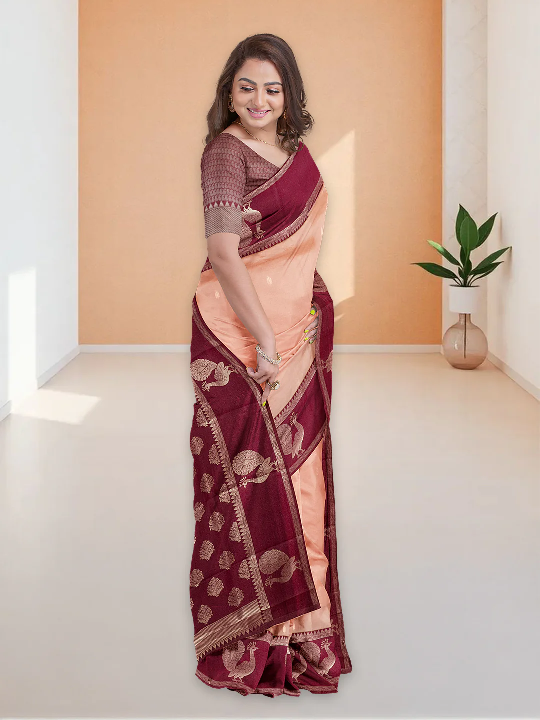 Couple Combo Shirt & Dhoti Set with Saree Peach ASS105 - Image 7