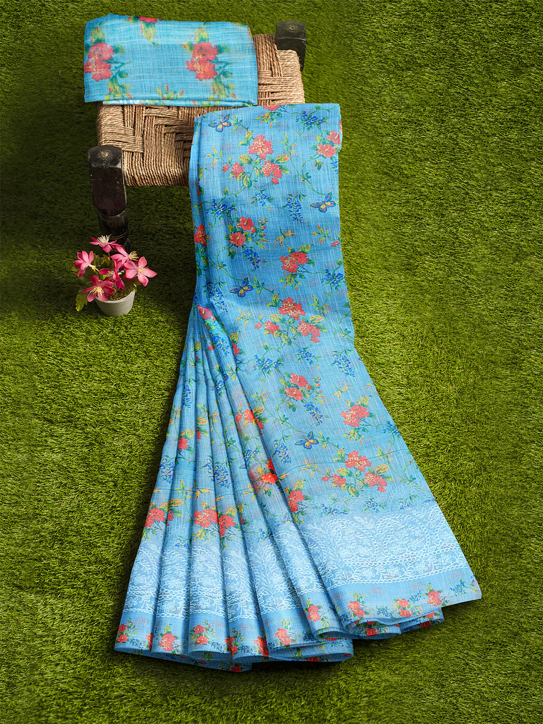 Couple Combo Shirt & Dhoti Set with Saree Blue SL209 - Image 10