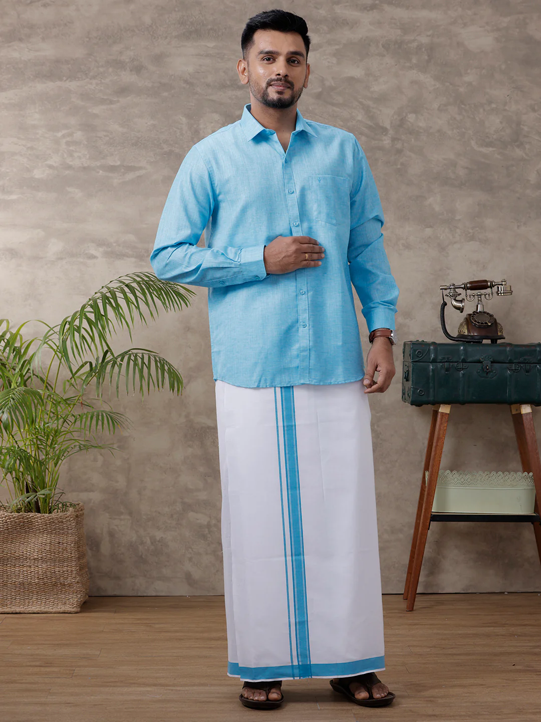 Couple Combo Shirt & Dhoti Set with Saree Blue SL209 - Image 2