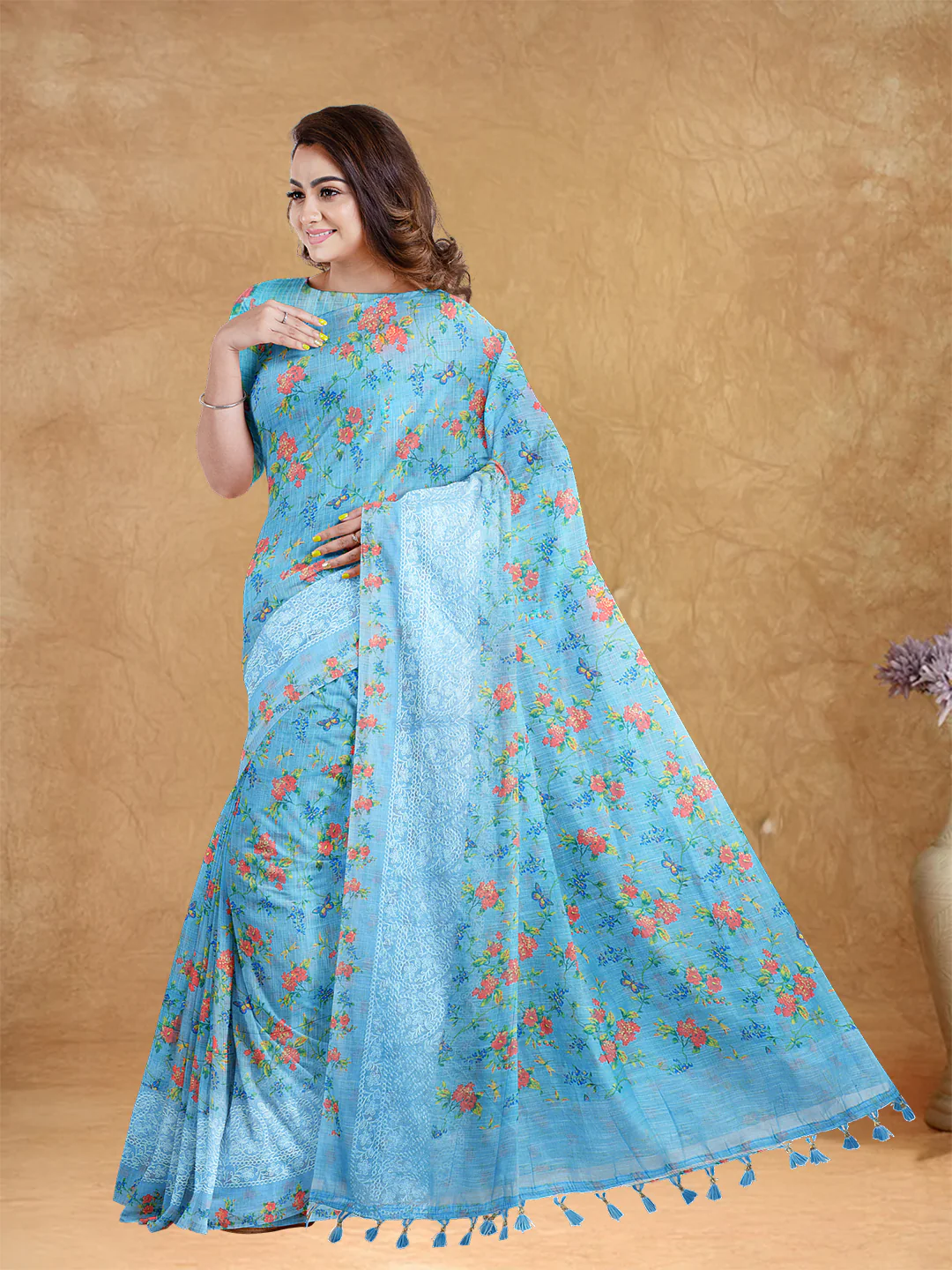 Couple Combo Shirt & Dhoti Set with Saree Blue SL209 - Image 3