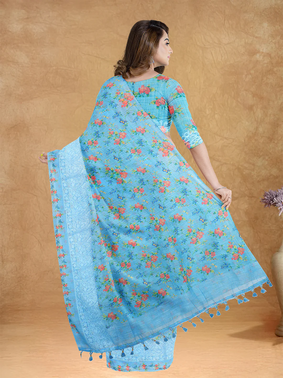 Couple Combo Shirt & Dhoti Set with Saree Blue SL209 - Image 5