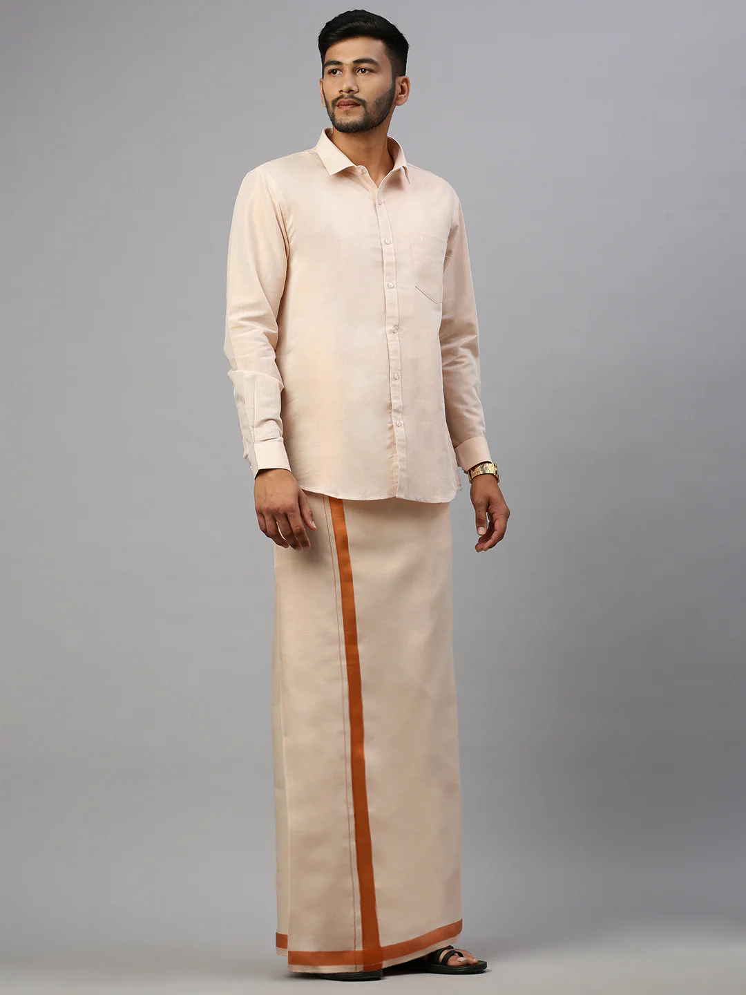 Couple Combo Shirt & Dhoti Set with Saree Copper ASS128 - Image 9