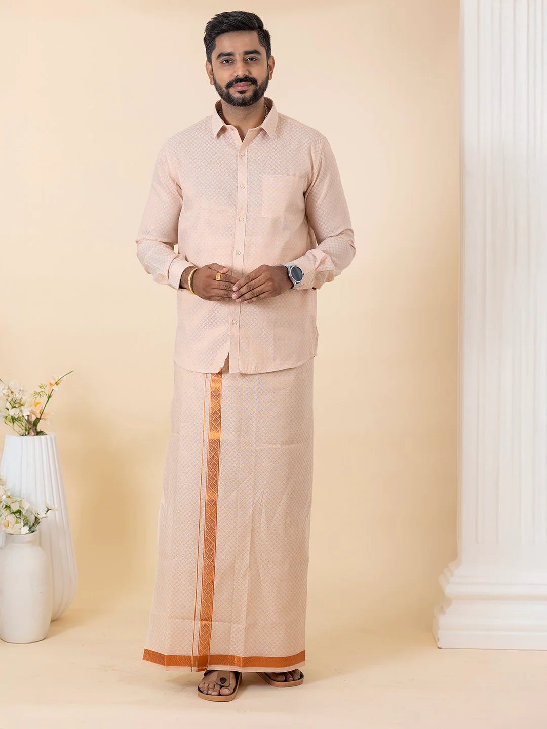 Couple Combo Shirt & Dhoti Set with Saree Copper ASS128 - Image 10