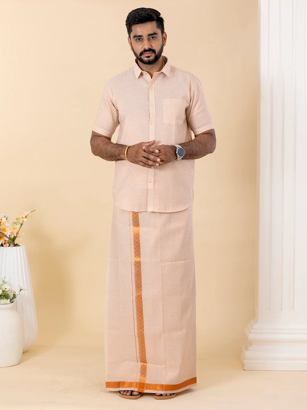 Couple Combo Shirt & Dhoti Set with Saree Copper ASS128 - Image 3